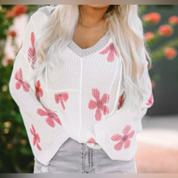 Halo & Harley Sweaters - Floral Knit Hooded Sweater - White and Pink